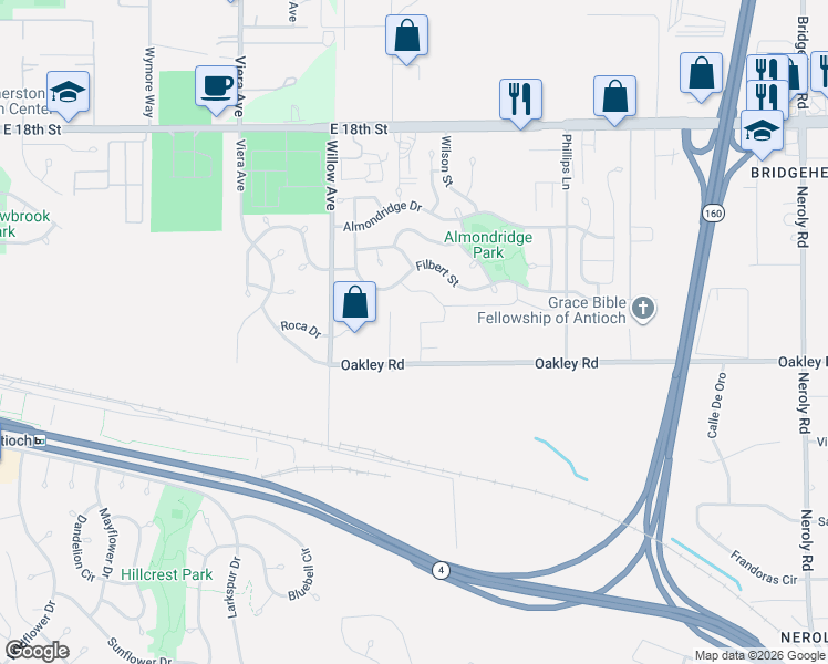 map of restaurants, bars, coffee shops, grocery stores, and more near 3899 Oakley Road in Antioch