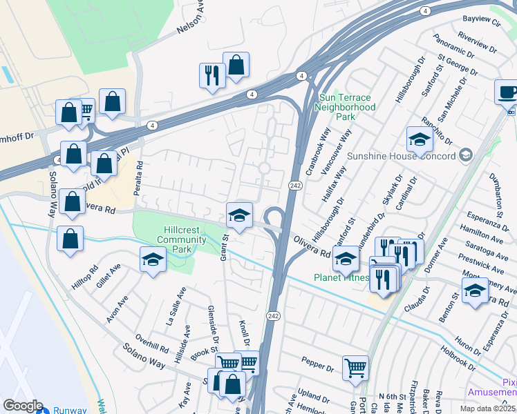 map of restaurants, bars, coffee shops, grocery stores, and more near 2145 Northwood Circle in Concord