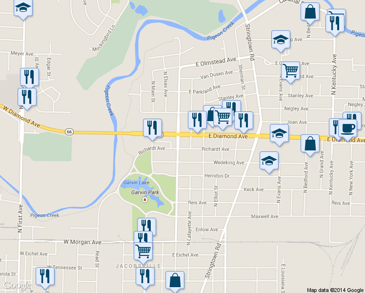 map of restaurants, bars, coffee shops, grocery stores, and more near 2206 North Heidelbach Avenue in Evansville