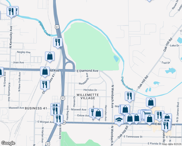 map of restaurants, bars, coffee shops, grocery stores, and more near 1669 Richardt Avenue in Evansville