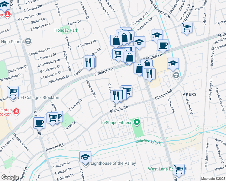 map of restaurants, bars, coffee shops, grocery stores, and more near 4720 Greensboro Way in Stockton