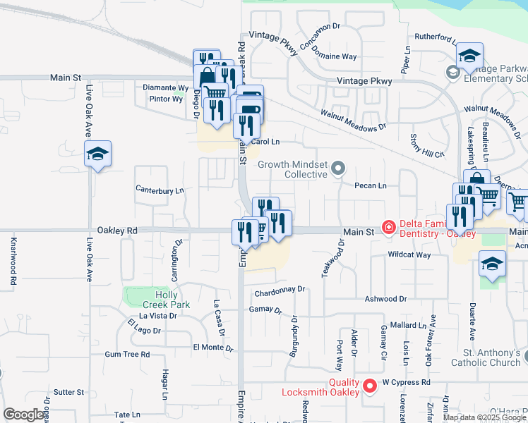 map of restaurants, bars, coffee shops, grocery stores, and more near 1927 Babbe Street in Oakley