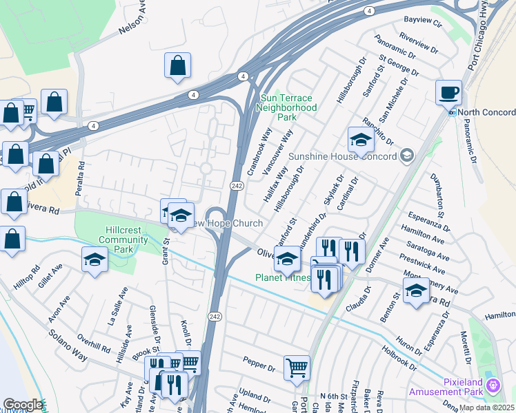 map of restaurants, bars, coffee shops, grocery stores, and more near 3454 Halifax Way in Concord