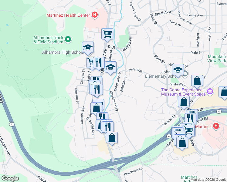 map of restaurants, bars, coffee shops, grocery stores, and more near 3600 Estudillo Street in Martinez