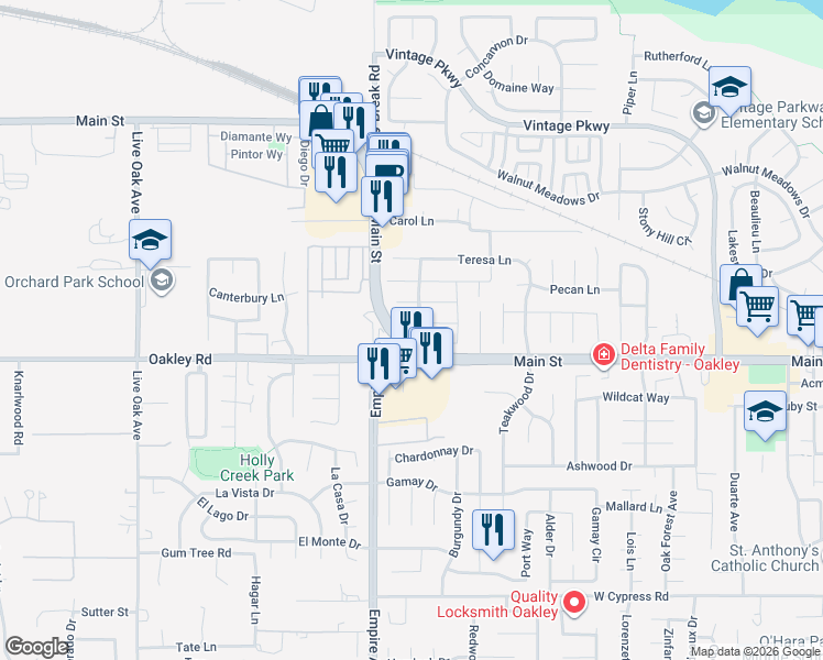 map of restaurants, bars, coffee shops, grocery stores, and more near 1927 Babbe Street in Oakley