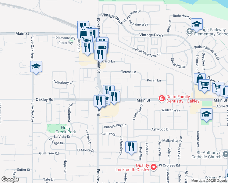 map of restaurants, bars, coffee shops, grocery stores, and more near 1877 Babbe Street in Oakley