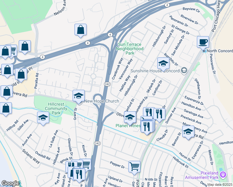 map of restaurants, bars, coffee shops, grocery stores, and more near 3454 Halifax Way in Concord