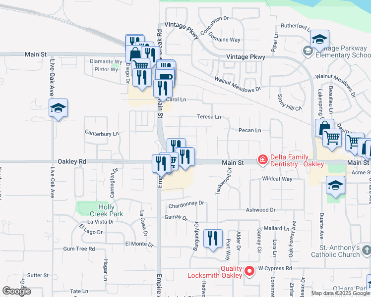 map of restaurants, bars, coffee shops, grocery stores, and more near 1877 Babbe Street in Oakley
