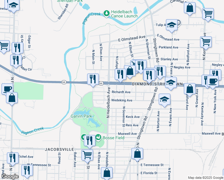 map of restaurants, bars, coffee shops, grocery stores, and more near 208 Richardt Avenue in Evansville