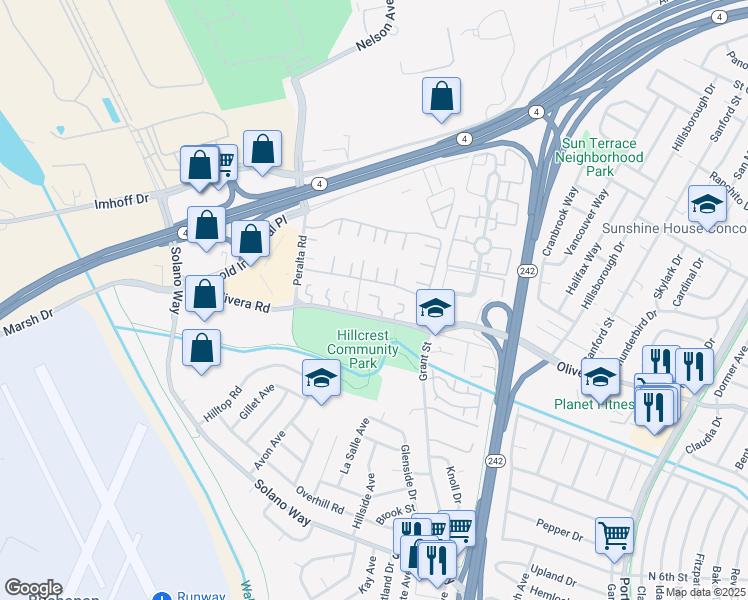map of restaurants, bars, coffee shops, grocery stores, and more near 2065 Olivera Road in Concord