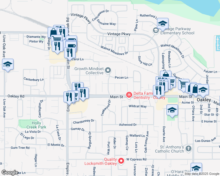 map of restaurants, bars, coffee shops, grocery stores, and more near 5022 Teakwood Drive in Oakley