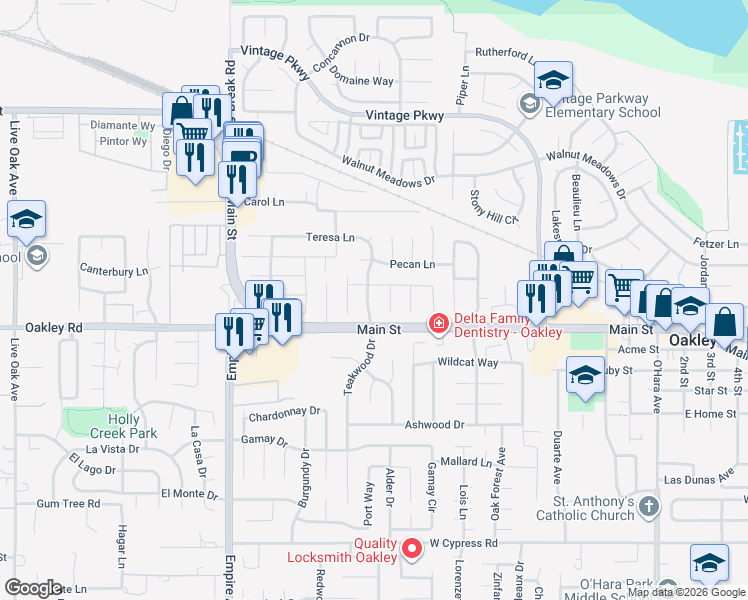 map of restaurants, bars, coffee shops, grocery stores, and more near 5022 Teakwood Drive in Oakley