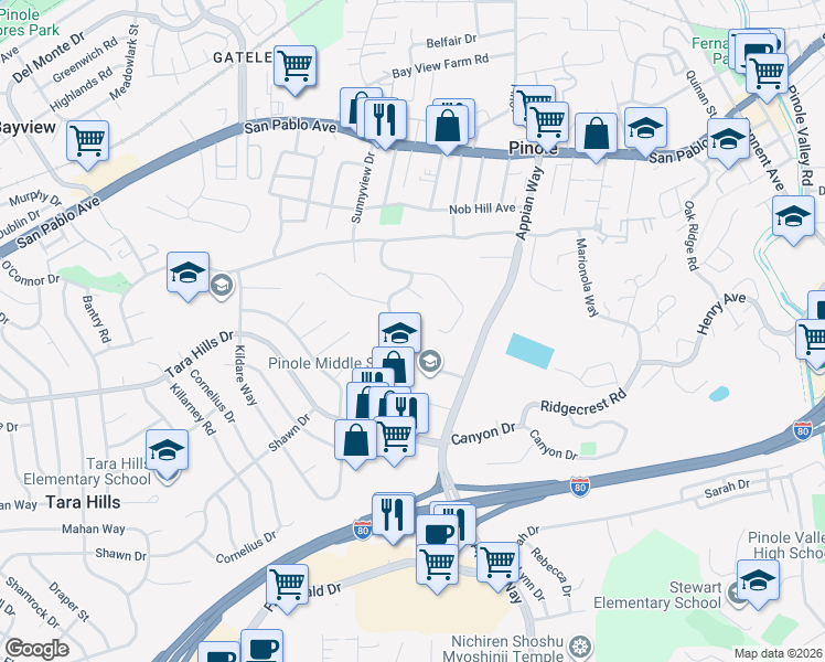 map of restaurants, bars, coffee shops, grocery stores, and more near 1546 Mann Drive in Pinole
