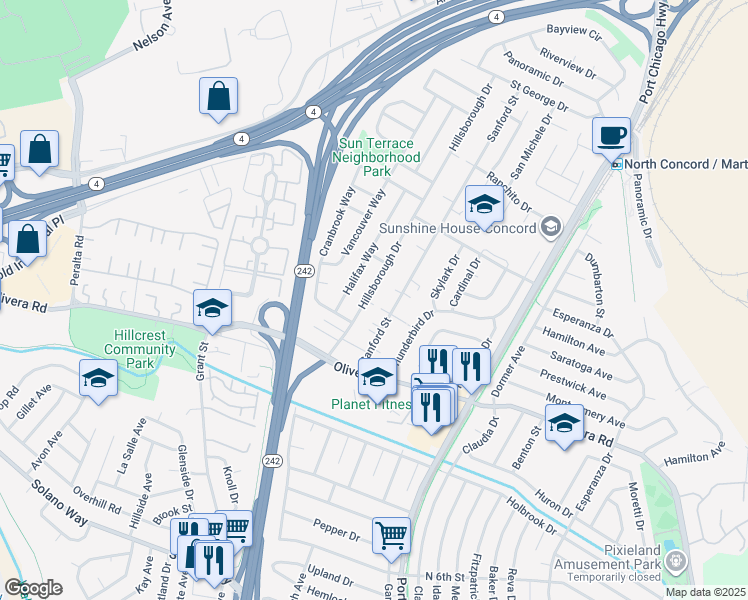 map of restaurants, bars, coffee shops, grocery stores, and more near 3485 Hillsborough Drive in Concord