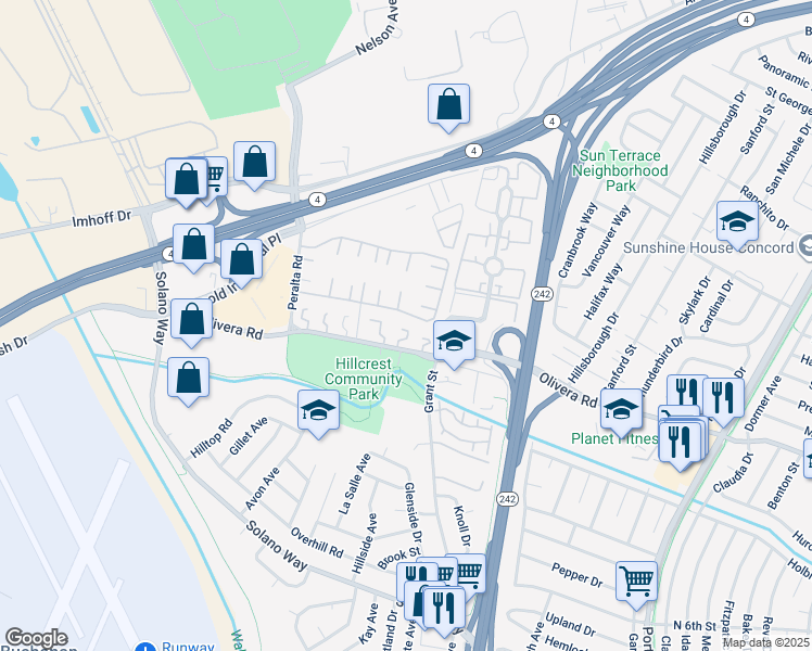 map of restaurants, bars, coffee shops, grocery stores, and more near 2083 Olivera Road in Concord