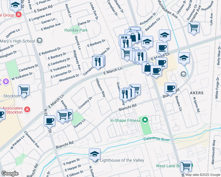 map of restaurants, bars, coffee shops, grocery stores, and more near 819 Birmingham Court in Stockton