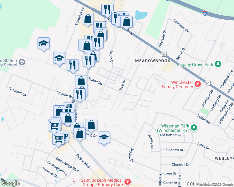 map of restaurants, bars, coffee shops, grocery stores, and more near 1281 Fulton Road in Winchester