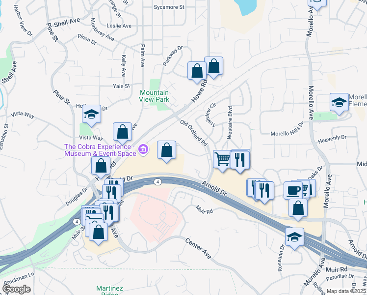 map of restaurants, bars, coffee shops, grocery stores, and more near 199 Village Place in Martinez