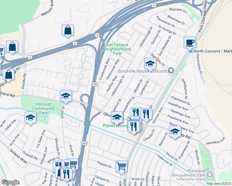 map of restaurants, bars, coffee shops, grocery stores, and more near 3485 Hillsborough Drive in Concord