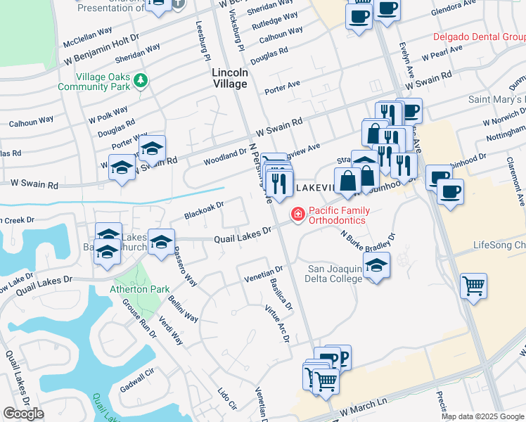 map of restaurants, bars, coffee shops, grocery stores, and more near 5648 North Pershing Avenue in Stockton