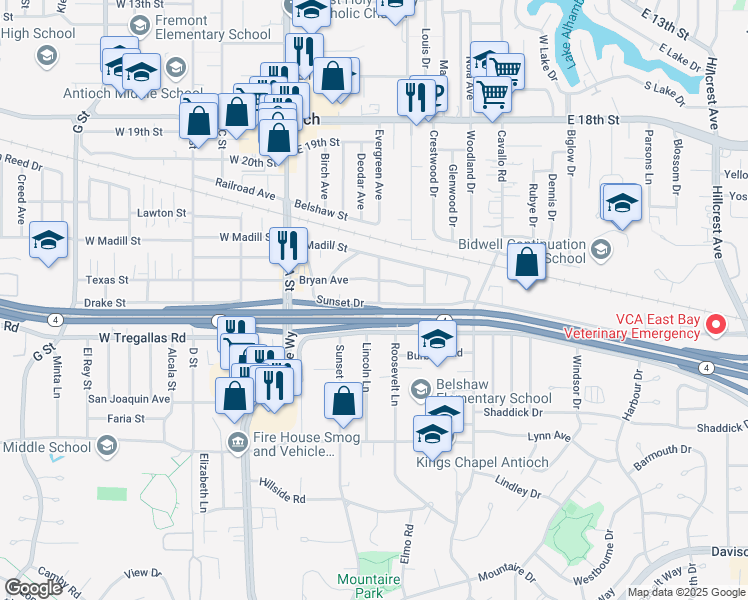 map of restaurants, bars, coffee shops, grocery stores, and more near 34 Bryan Avenue in Antioch
