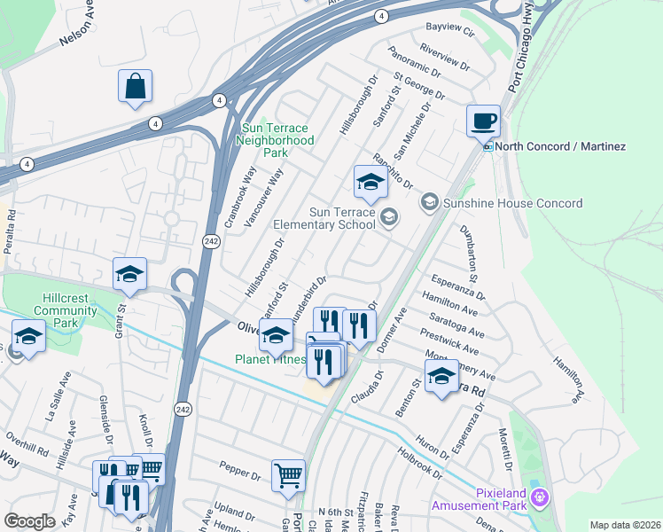 map of restaurants, bars, coffee shops, grocery stores, and more near 3541 Sanford Street in Concord
