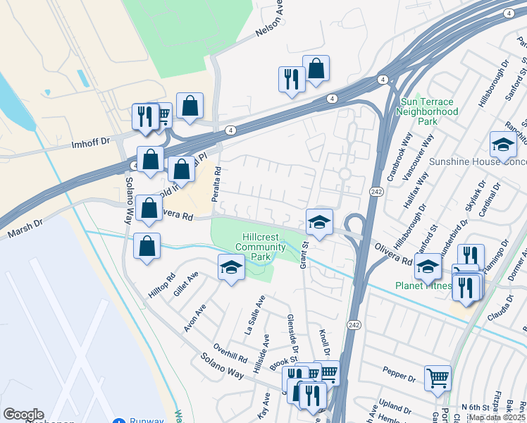 map of restaurants, bars, coffee shops, grocery stores, and more near 2067 Dalis Drive in Concord