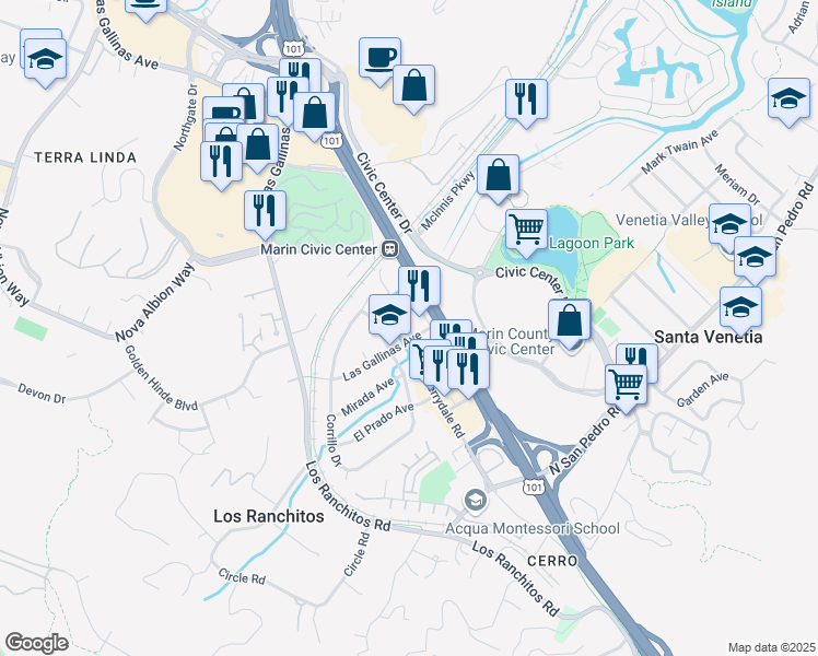 map of restaurants, bars, coffee shops, grocery stores, and more near 3833 Redwood Frontage Road in San Rafael