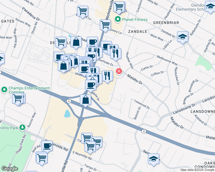 map of restaurants, bars, coffee shops, grocery stores, and more near 2536 Larkin Road in Lexington
