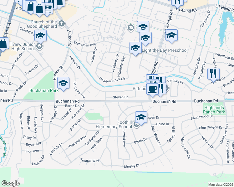 map of restaurants, bars, coffee shops, grocery stores, and more near 1056 Ventura Drive in Pittsburg