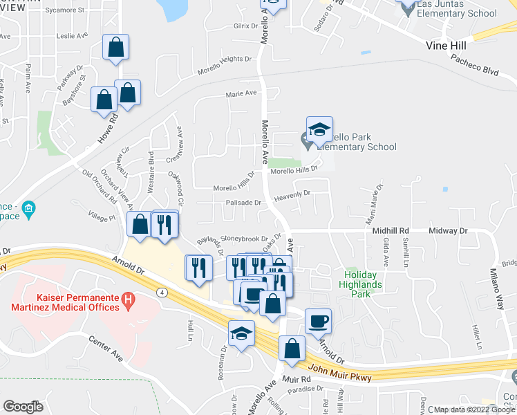 map of restaurants, bars, coffee shops, grocery stores, and more near 1050 Palisade Drive in Martinez