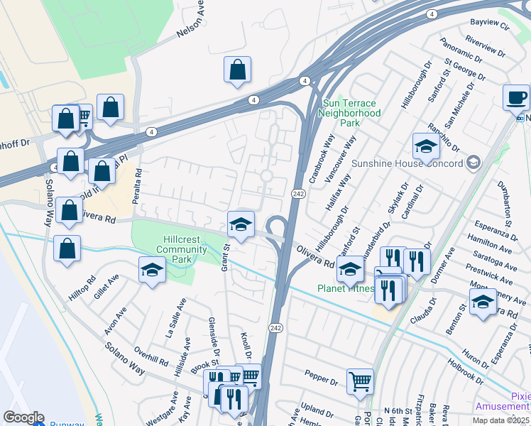 map of restaurants, bars, coffee shops, grocery stores, and more near 2150 Northwood Circle in Concord