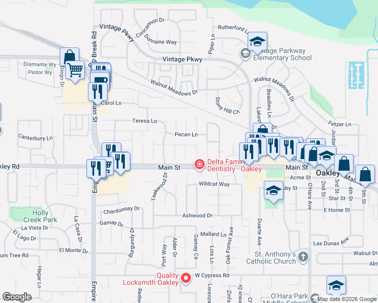 map of restaurants, bars, coffee shops, grocery stores, and more near 1620 Fernwood Drive in Oakley