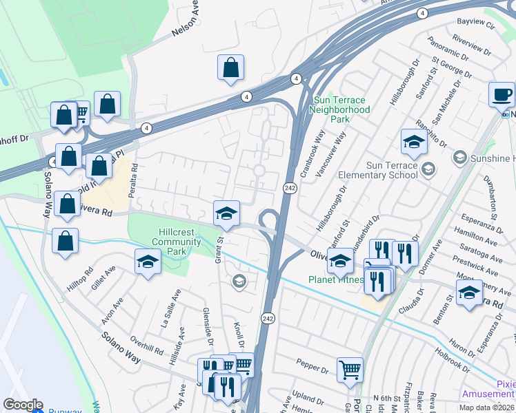 map of restaurants, bars, coffee shops, grocery stores, and more near 3205 Northwood Drive in Concord
