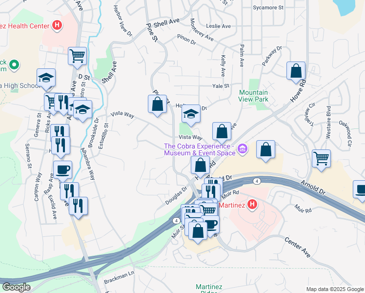 map of restaurants, bars, coffee shops, grocery stores, and more near 231 Kingston Court in Martinez
