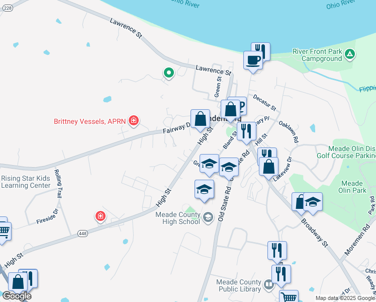 map of restaurants, bars, coffee shops, grocery stores, and more near Allen Court in Brandenburg