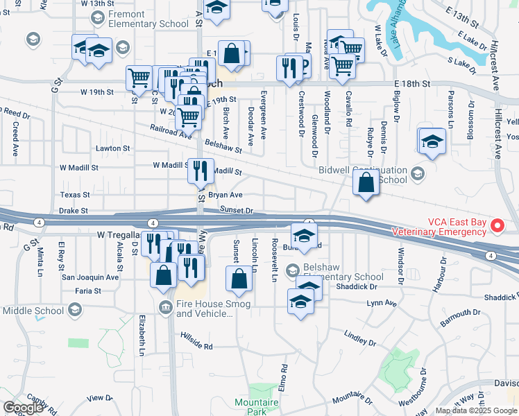 map of restaurants, bars, coffee shops, grocery stores, and more near 34 Bryan Avenue in Antioch