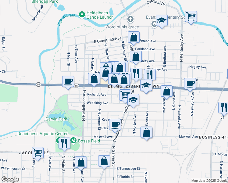 map of restaurants, bars, coffee shops, grocery stores, and more near 511 East Diamond Avenue in Evansville