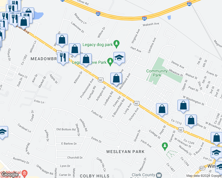 map of restaurants, bars, coffee shops, grocery stores, and more near 1018 West Lexington Avenue in Winchester