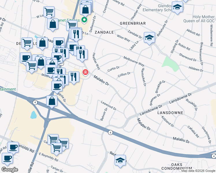 map of restaurants, bars, coffee shops, grocery stores, and more near 291 Malabu Drive in Lexington