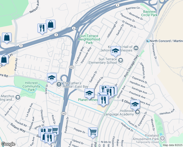map of restaurants, bars, coffee shops, grocery stores, and more near 3480 Sanford Street in Concord