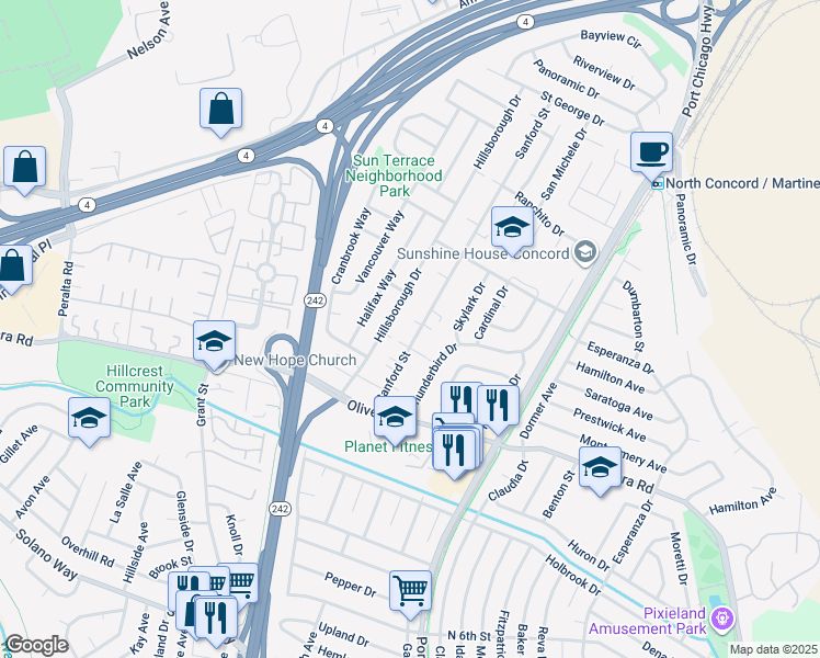 map of restaurants, bars, coffee shops, grocery stores, and more near 3480 Sanford Street in Concord