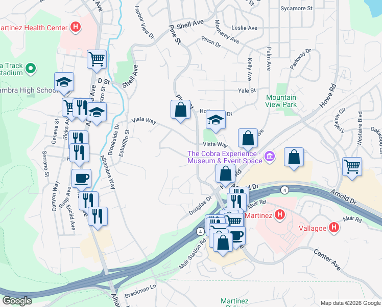 map of restaurants, bars, coffee shops, grocery stores, and more near 225 Vista Way in Martinez
