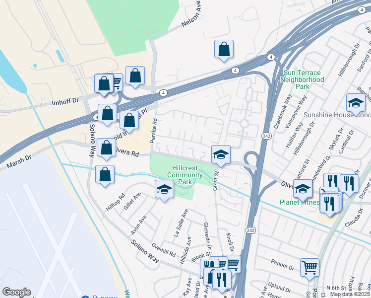 map of restaurants, bars, coffee shops, grocery stores, and more near 2067 Olivera Road in Concord