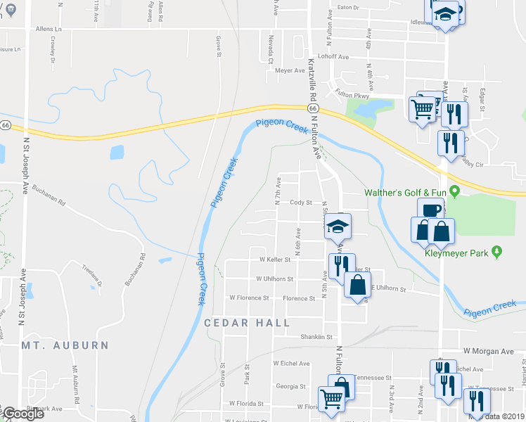 map of restaurants, bars, coffee shops, grocery stores, and more near 2200 North 7th Avenue in Evansville