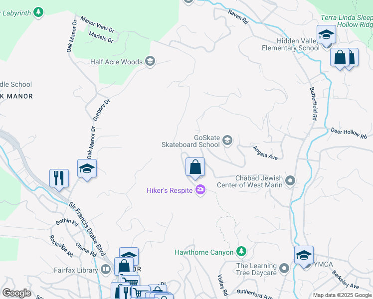 map of restaurants, bars, coffee shops, grocery stores, and more near 168 Oak Springs Drive in San Anselmo