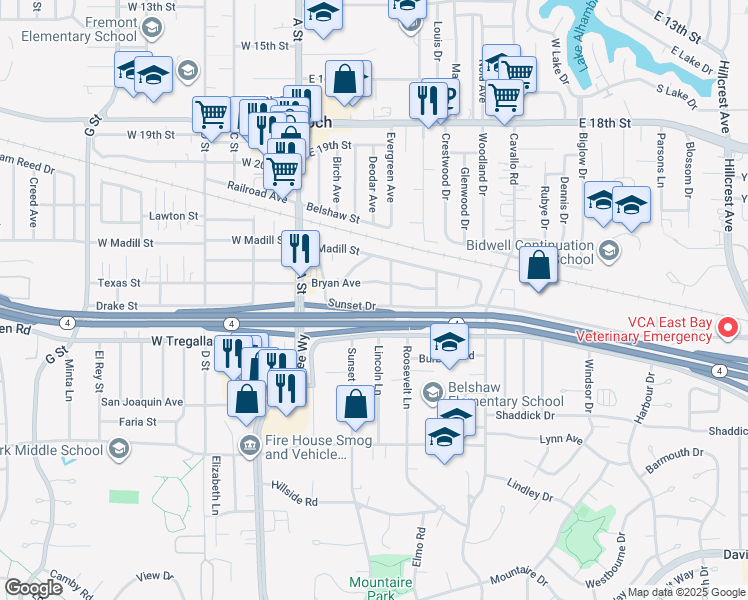 map of restaurants, bars, coffee shops, grocery stores, and more near 31 Sunset Drive in Antioch