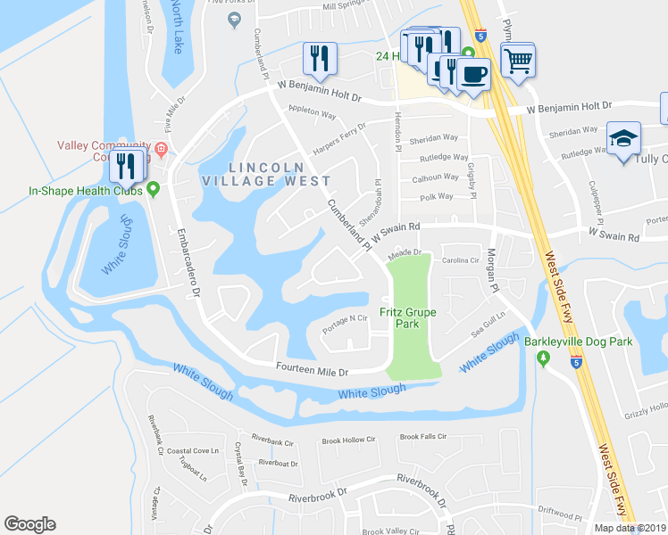 map of restaurants, bars, coffee shops, grocery stores, and more near 6112 Portsmouth Place in Stockton
