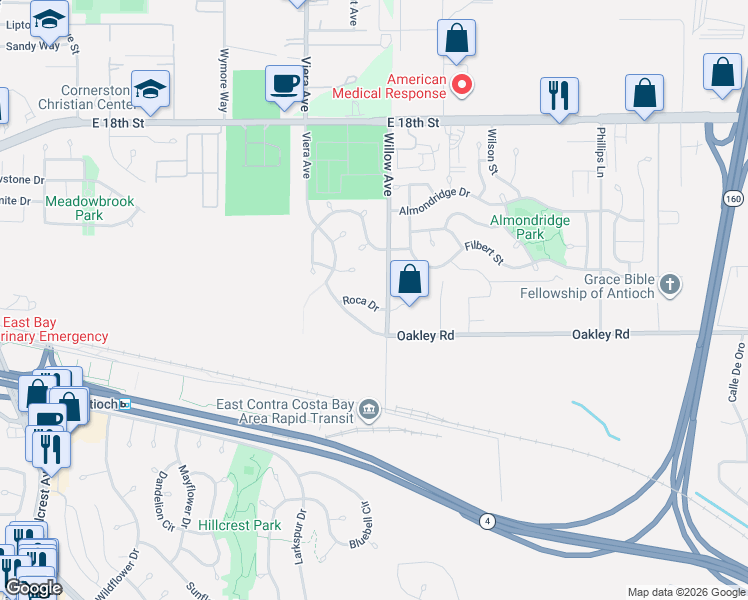 map of restaurants, bars, coffee shops, grocery stores, and more near 2253 Pinenut Court in Antioch