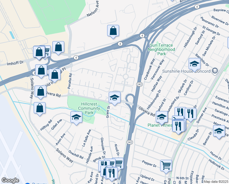 map of restaurants, bars, coffee shops, grocery stores, and more near 2164 Dalis Drive in Concord